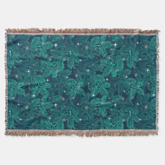 Teal Pine Branches With White Snowflakes スローブランケット (正面)