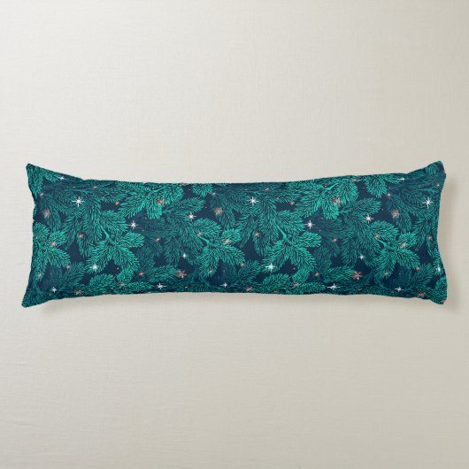 Teal Pine Branches With White Snowflakes ボディピロー (正面)