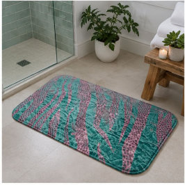 Teal Pink Animal Zebra Stripe and Honeycomb Abstra バスマット