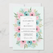 Teal Pink Floral Flourish Wedding 招待状 (正面)