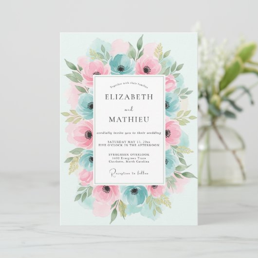 Teal Pink Floral Flourish Wedding 招待状 (スタンド正面)