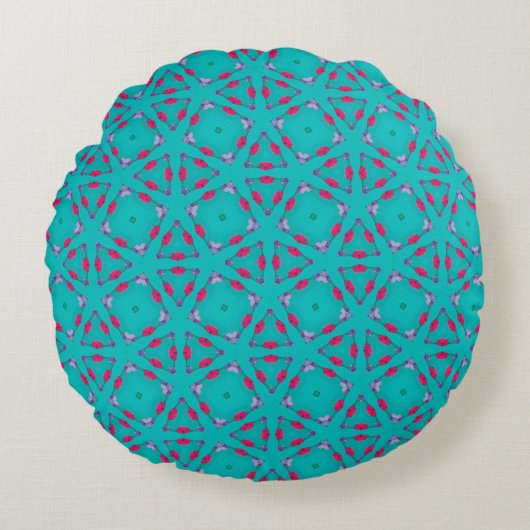 Teal Pink Retro Geometry Round Pillow ラウンドクッション (正面)