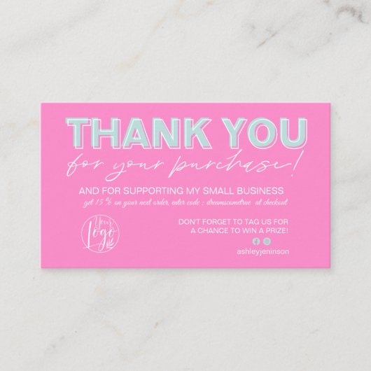 Teal pink script photo logo order thank you 名刺 (正面)