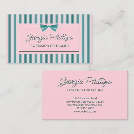 Teal & Pink Stripes & Bow Retro 名刺 (正面/裏面)