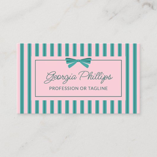 Teal & Pink Stripes & Bow Retro 名刺 (正面)