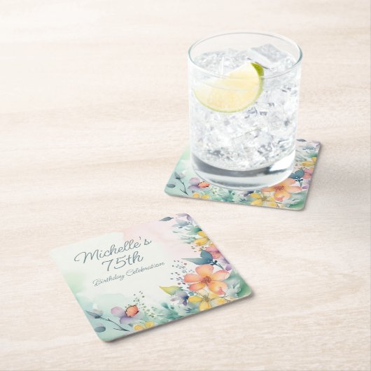 Teal Pink Yellow Pastel Floral 75th Birthday スクエアペーパーコースター (インサイチュ)
