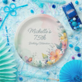 Teal Pink Yellow Pastel Floral 75th Birthday ペーパープレート (パーティー)