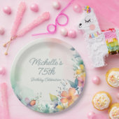 Teal Pink Yellow Pastel Floral 75th Birthday ペーパープレート (パーティー)
