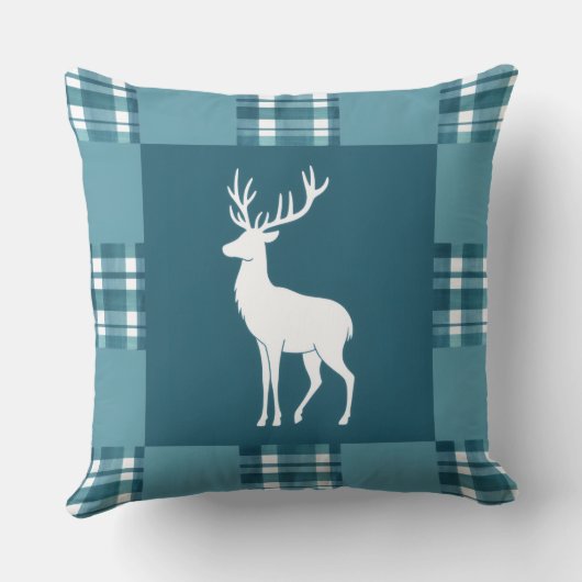 Teal Plaid with White Deer Silhouette クッション (裏面)