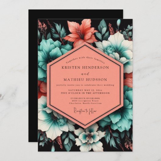 Teal Poetic Bloom Wedding 招待状 (正面/裏面)