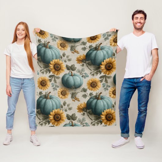 Teal Pumpkins and Golden Sunflowers フリースブランケット (インサイチュ)