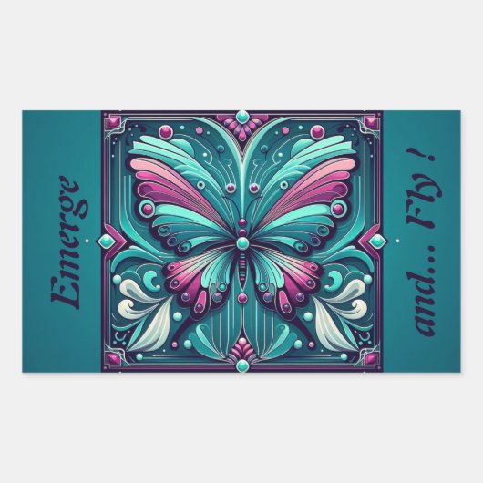Teal & Purple Butterfly Square 長方形シール (正面)