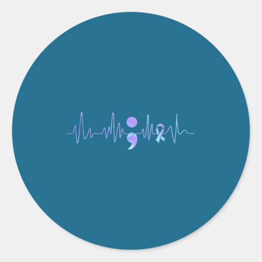 Teal Purple Heartbeat Semicolon Suicide Prevention ラウンドシール (正面)