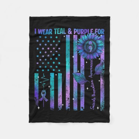 Teal Purple Us Usa Flag Suicide Prevention Awarene フリースブランケット (正面)