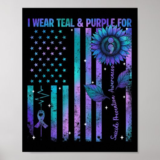 Teal Purple Us Usa Flag Suicide Prevention Awarene ポスター (正面)