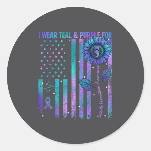 Teal Purple Us Usa Flag Suicide Prevention Awarene ラウンドシール (正面)