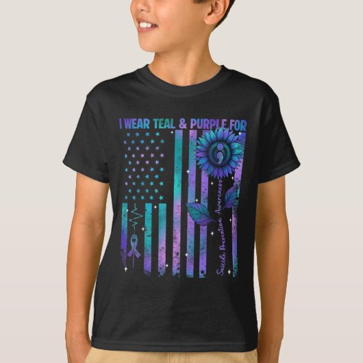 Teal Purple Us Usa Flag Suicide Prevention Awarene Tシャツ (正面)