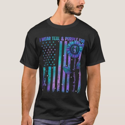 Teal Purple Us Usa Flag Suicide Prevention Awarene Tシャツ (正面)