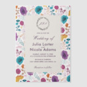Teal Purple Yellow Spring Meadow Flowers Wedding ベラム紙招待状 (正面)