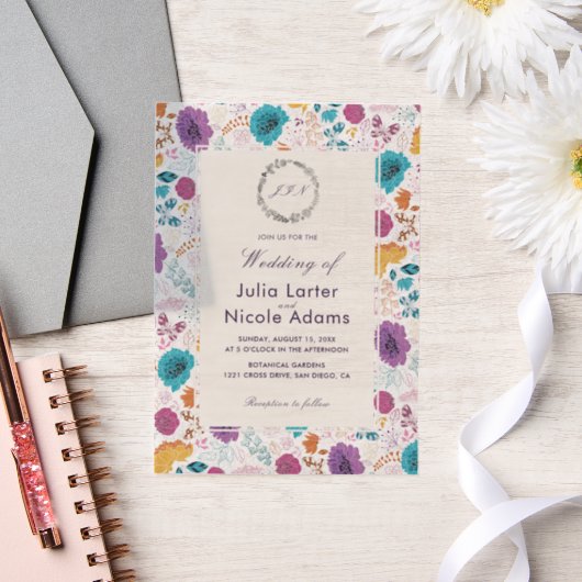 Teal Purple Yellow Spring Meadow Flowers Wedding ベラム紙招待状 (ウェディング)