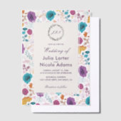 Teal Purple Yellow Spring Meadow Flowers Wedding ベラム紙招待状 (オフセット)