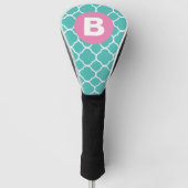 Teal Quatrefoil Pattern Custom Pink Monogram ゴルフヘッドカバー (正面)
