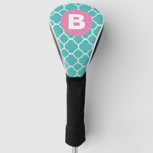 Teal Quatrefoil Pattern Custom Pink Monogram ゴルフヘッドカバー (正面)