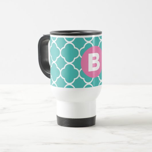 Teal Quatrefoil Pattern Custom Pink Monogram トラベルマグ (正面左)