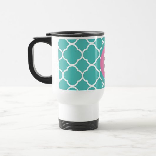 Teal Quatrefoil Pattern Custom Pink Monogram トラベルマグ (左)