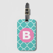 Teal Quatrefoil Pattern Custom Pink Monogram ラゲッジタグ (正面縦)