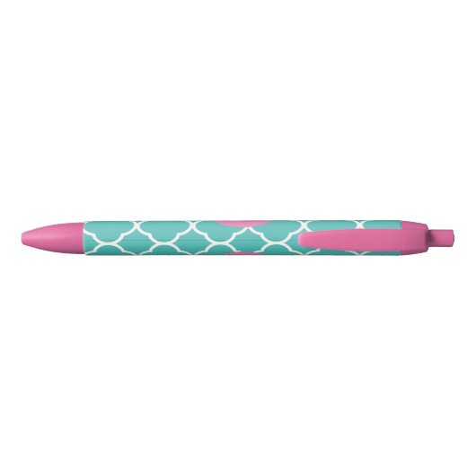 Teal Quatrefoil Pattern Custom Pink Monogram 黒ボールペン (裏面)