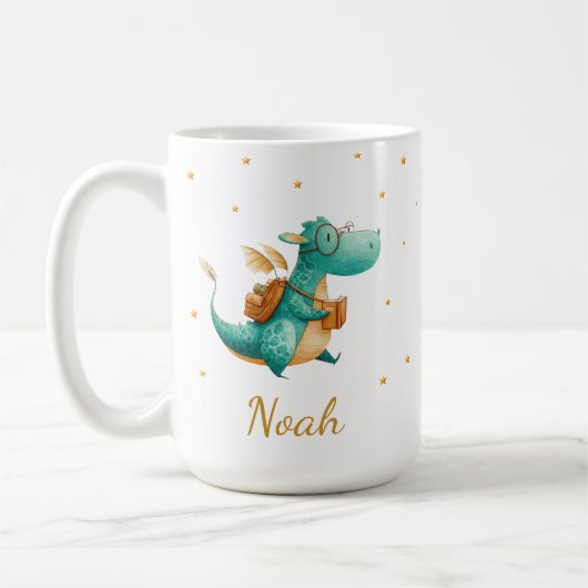 Teal Reading Dragon Mug – Personalized Boys’ Name コーヒーマグカップ (左)