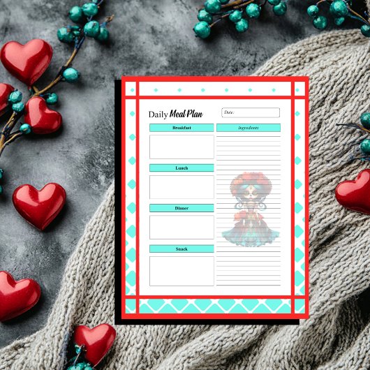 Teal Red Roses Sugar Skull Daily Meal Plan ノートパッド