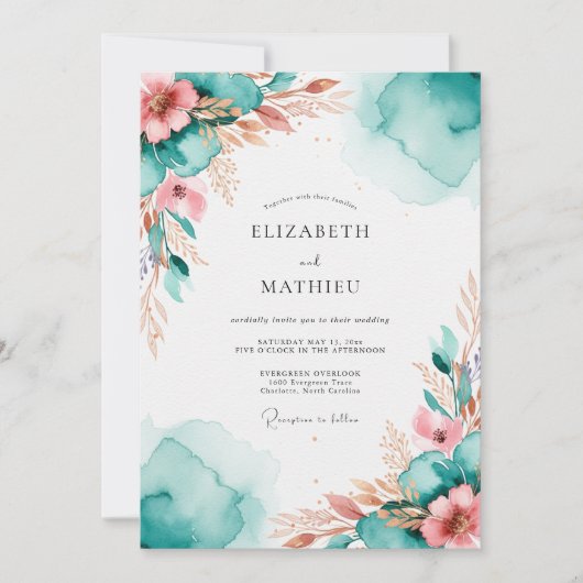 Teal Resplendent Watercolor Wedding 招待状 (正面)
