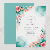 Teal Resplendent Watercolor Wedding 招待状 (正面/裏面)