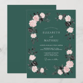 Teal Romantic Floral Wedding 招待状 (正面/裏面)