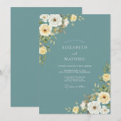 Teal Rose Blossom Flourish Wedding 招待状 (正面/裏面)