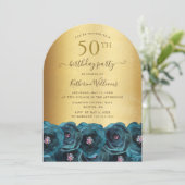 Teal Rose Floral Gold 50th Birthday Party 招待状 (スタンド正面)
