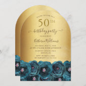 Teal Rose Floral Gold 50th Birthday Party 招待状 (正面/裏面)