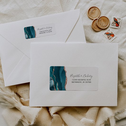 Teal Rose Gold Agate Wedding Return Address ラベル