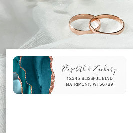 Teal Rose Gold Agate Wedding Return Address ラベル