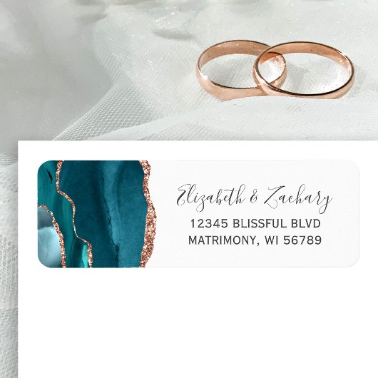 Teal Rose Gold Agate Wedding Return Address ラベル