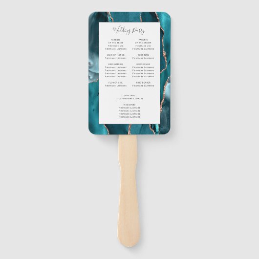 Teal Rose Gold Agate White Wedding Program ハンドファン (裏面)