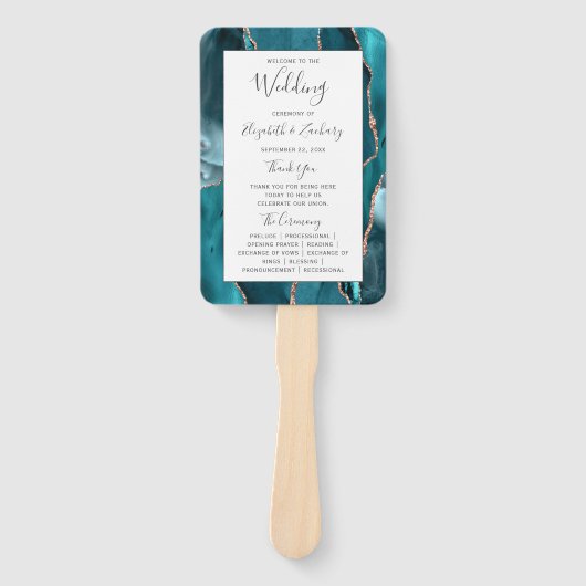 Teal Rose Gold Agate White Wedding Program ハンドファン (正面)