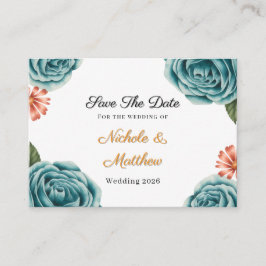 Teal Rose & Orange Daisy  Wedding Save The Date エンクロージャーカード