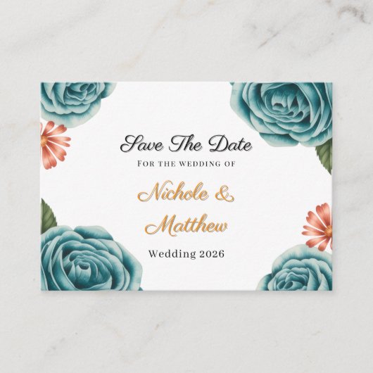 Teal Rose & Orange Daisy  Wedding Save The Date エンクロージャーカード (正面)
