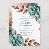 Teal Roses and Bronze Leaves Bridesmaids Luncheon 招待状 (正面/裏面)