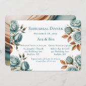Teal Roses And Bronze Leaves Rehearsal Dinner 招待状 (正面/裏面)