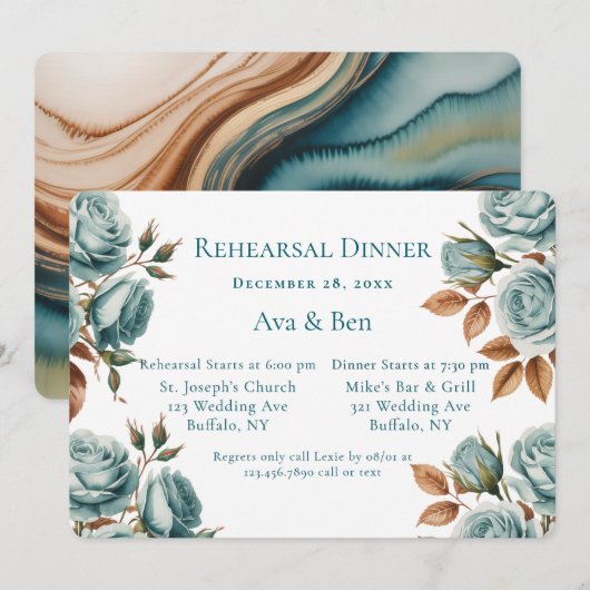 Teal Roses And Bronze Leaves Rehearsal Dinner 招待状 (正面/裏面)