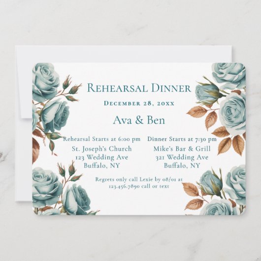 Teal Roses And Bronze Leaves Rehearsal Dinner 招待状 (正面)